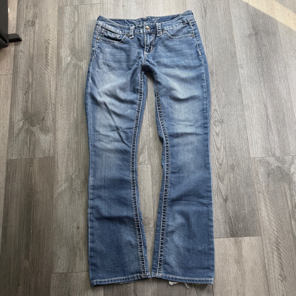 Seven7 Womens 8 Slim Boot Jeans Medium Wash Contrast Stitch Swirl Pockets